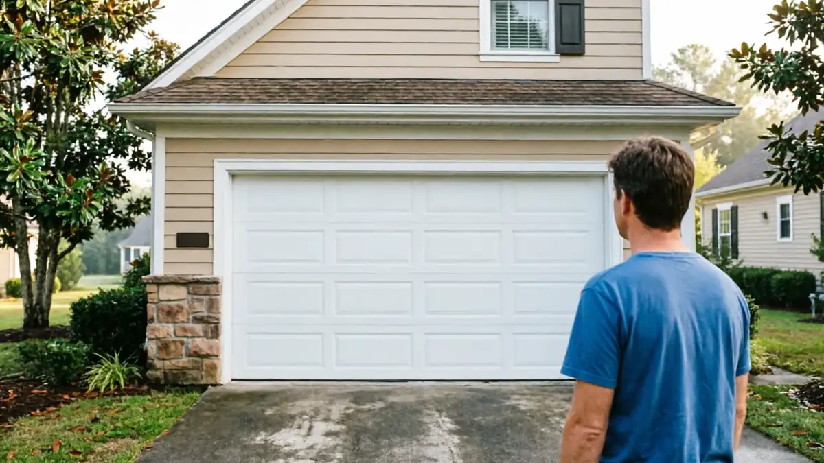 A man in a blue shirt stands in front of a closed white garage door.