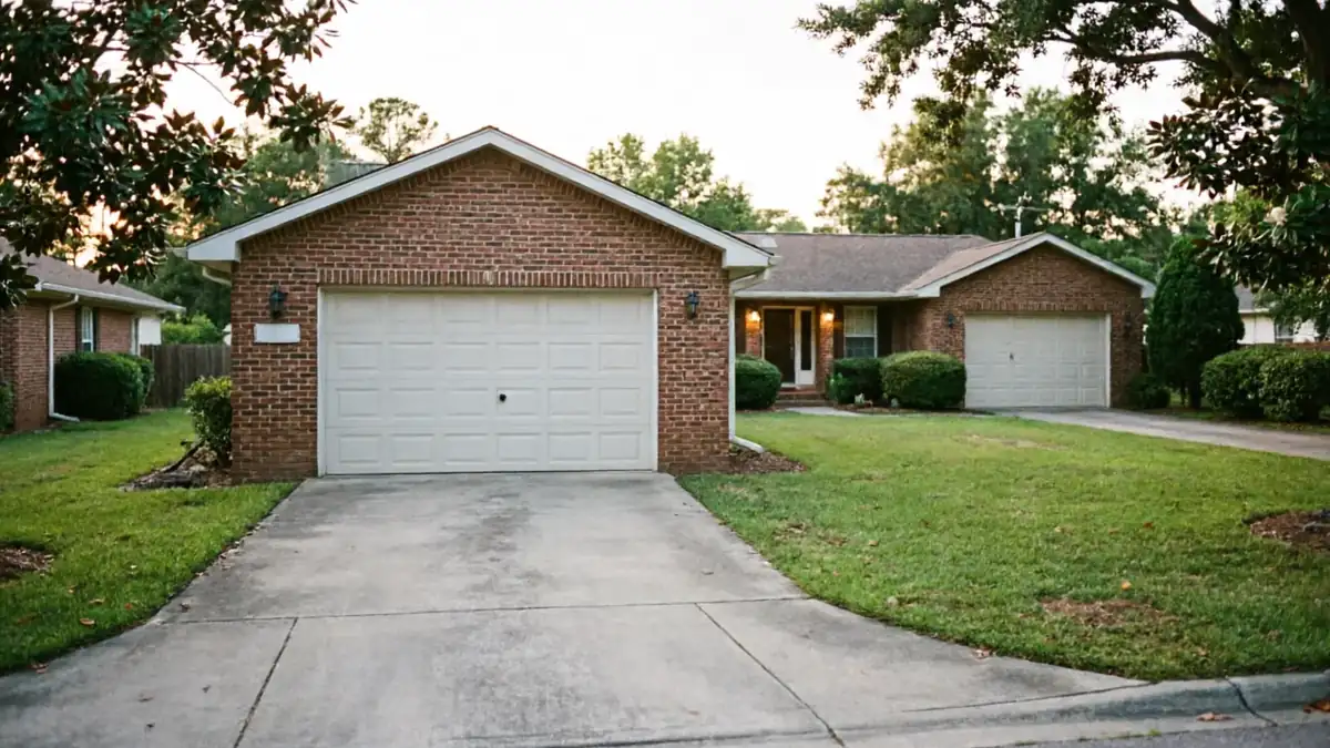 A brick house has two white garage doors and a green lawn.