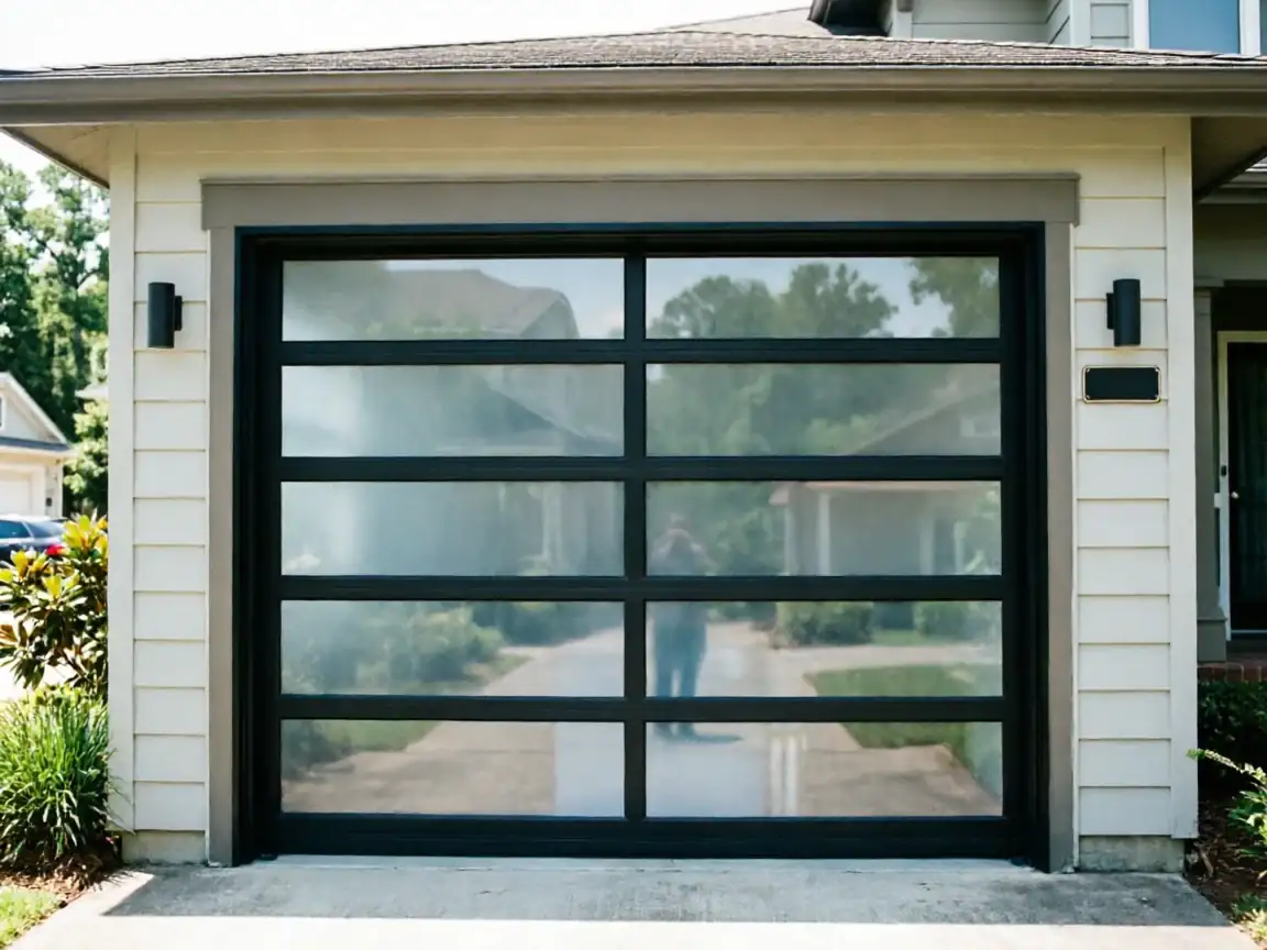 The garage door is black with frosted glass panels on a light-colored house.