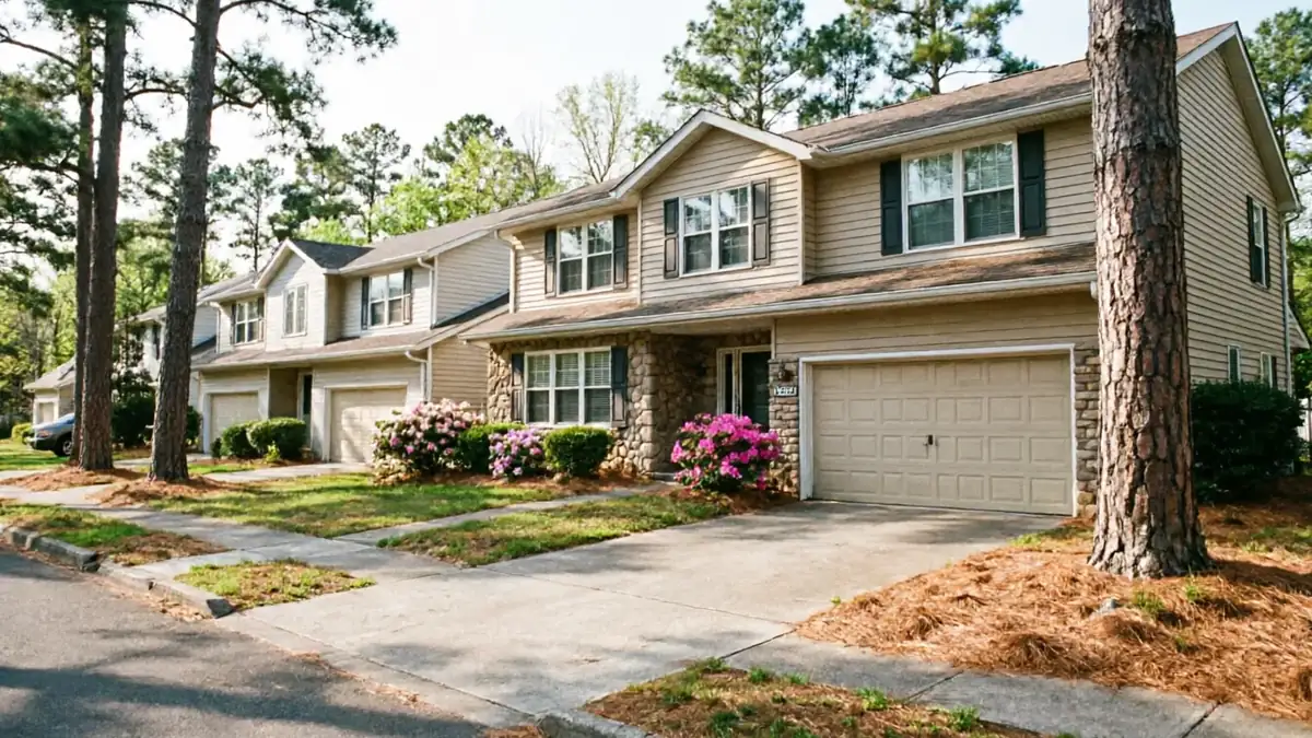 Three attached houses with tan garage doors and stone accents are visible.