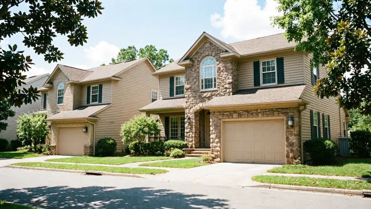 Two houses with beige garage doors and stone or siding exteriors line a street.