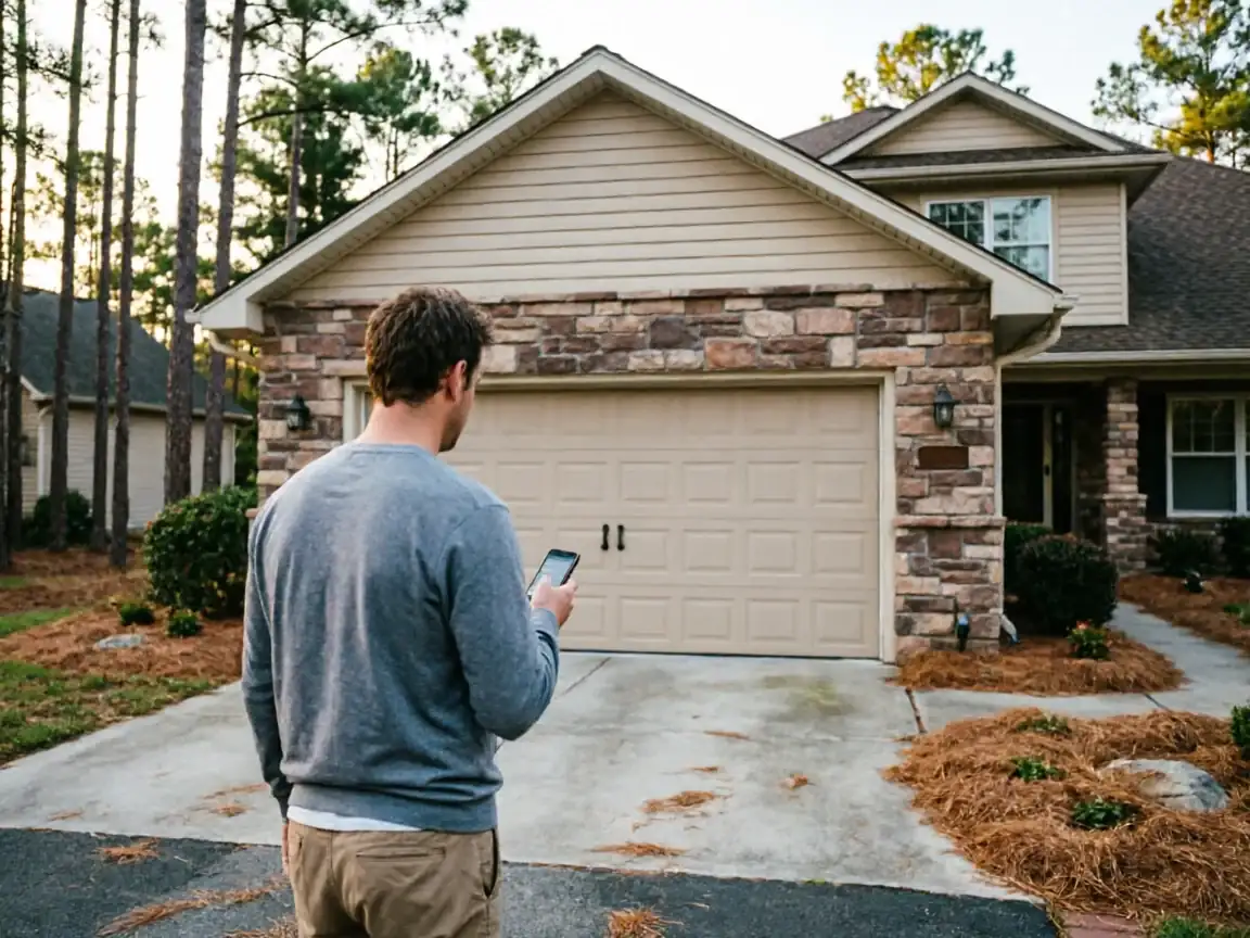 A man stands in a driveway, looking at his phone in front of a garage door.