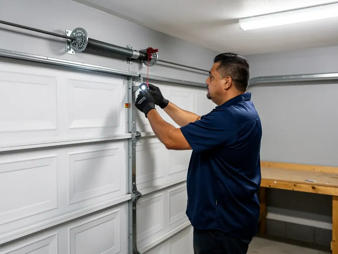 A technician inspects the garage door torsion spring with a flashlight.
