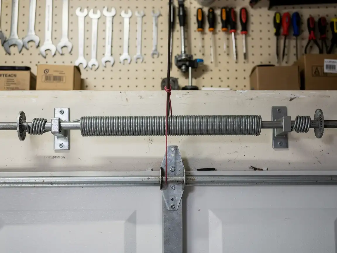A garage door torsion spring is mounted above a white garage door panel.