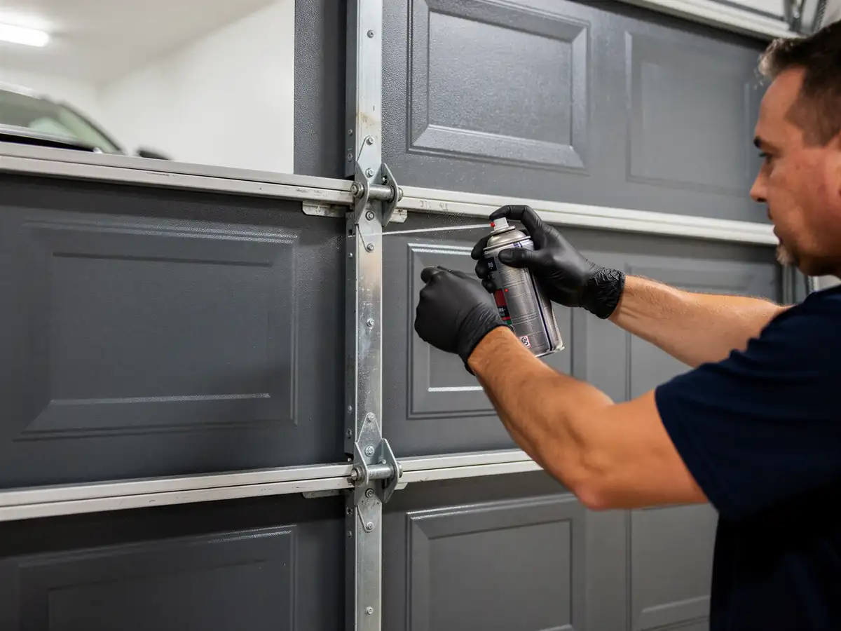 A technician in black gloves sprays lubricant on a gray garage door hinge.