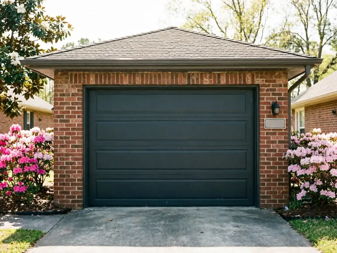 A dark gray garage door is centered in a red brick garage with pink flowers.