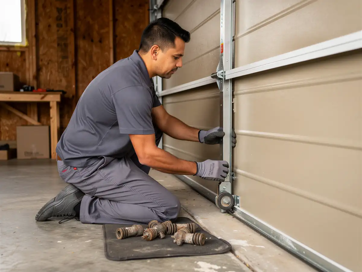 A technician kneels, adjusting a garage door roller on a tan garage door.