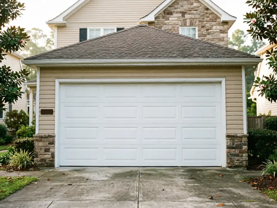A white paneled garage door is on a tan house with stone accents.