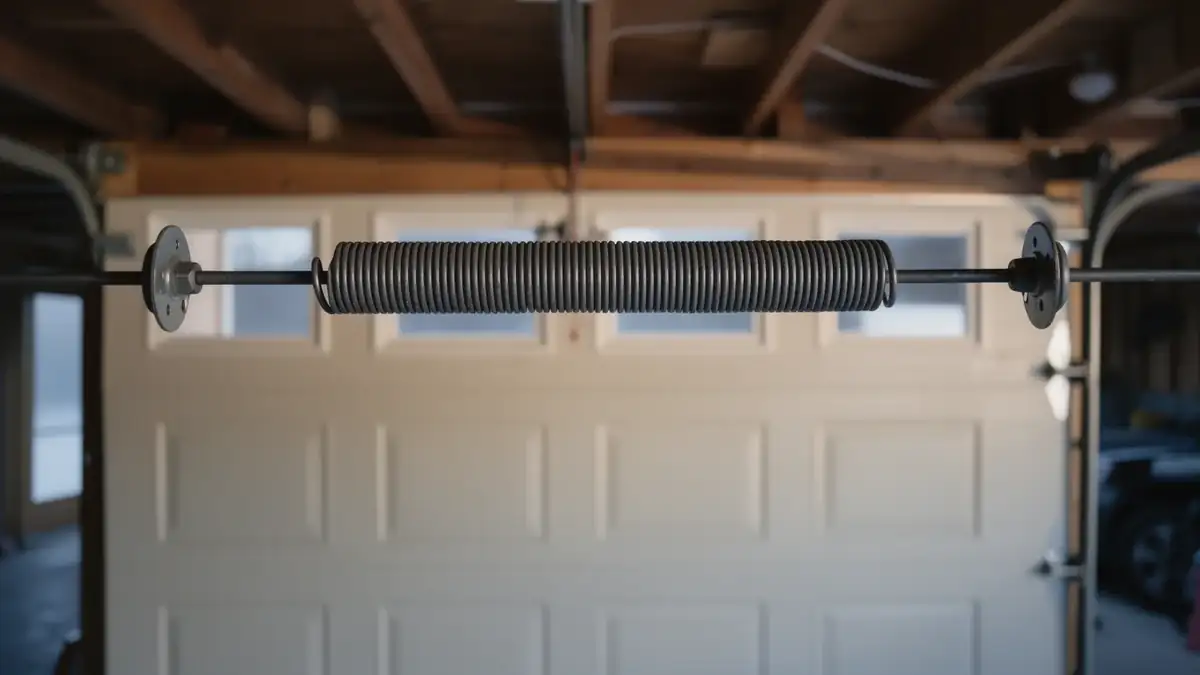 A torsion spring is mounted above a closed white garage door.